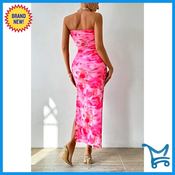 Strapless Maxi Bodycon Dress Floral Mesh Formal Wedding Guest Elegant - Picture 2 of 7